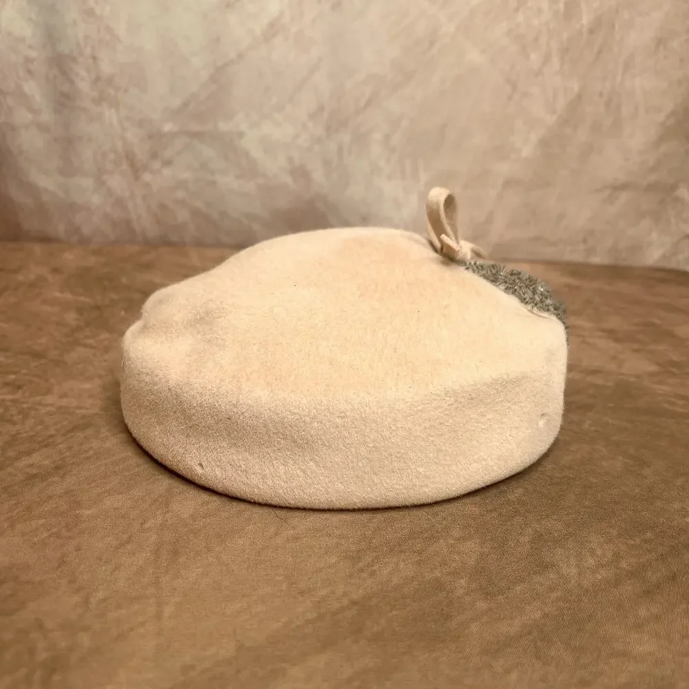 Vintage 40s Glamour Felts Tan Wool Round Pill Box Hat Beaded Bow Old Hollywood